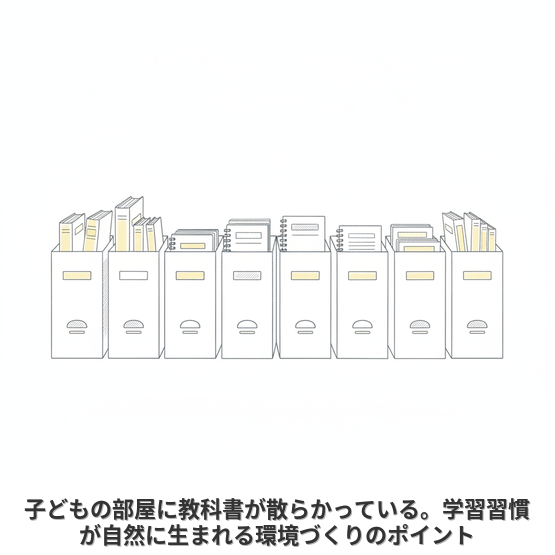 子どもの部屋に教科書が散らかっている。学習習慣が自然に生まれる環境づくりのポイント